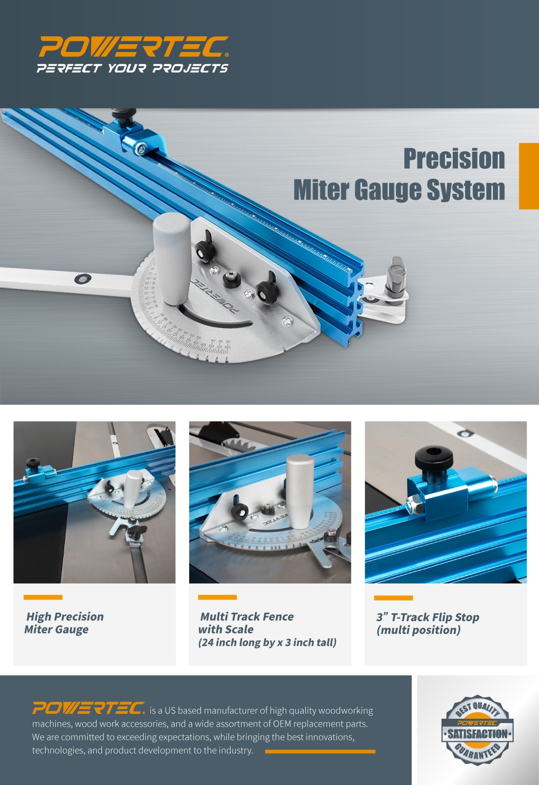 POWERTEC Precision Miter Gauge System With Telescoping Fence, 11 Preset Angle Stops, Extension